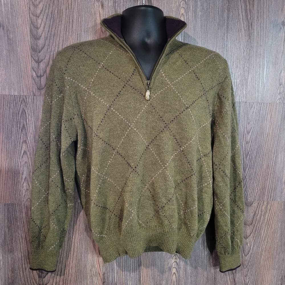 Bobby Jones Merino Wool 1/4 Zip Pullover Size L Green Argyle Mock Neck Golf Warm